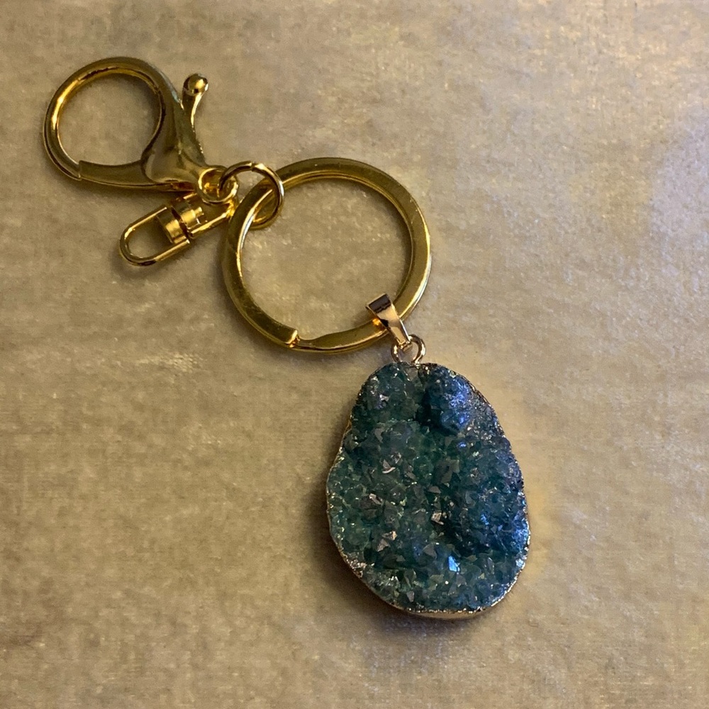 Genuine Druzy Blue Titanium Pendant Gold Keychain